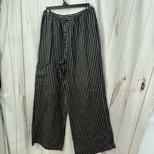 Chico’s Women’s 1 Black White Striped Cargo Linen Pants LagenLook Minimalist